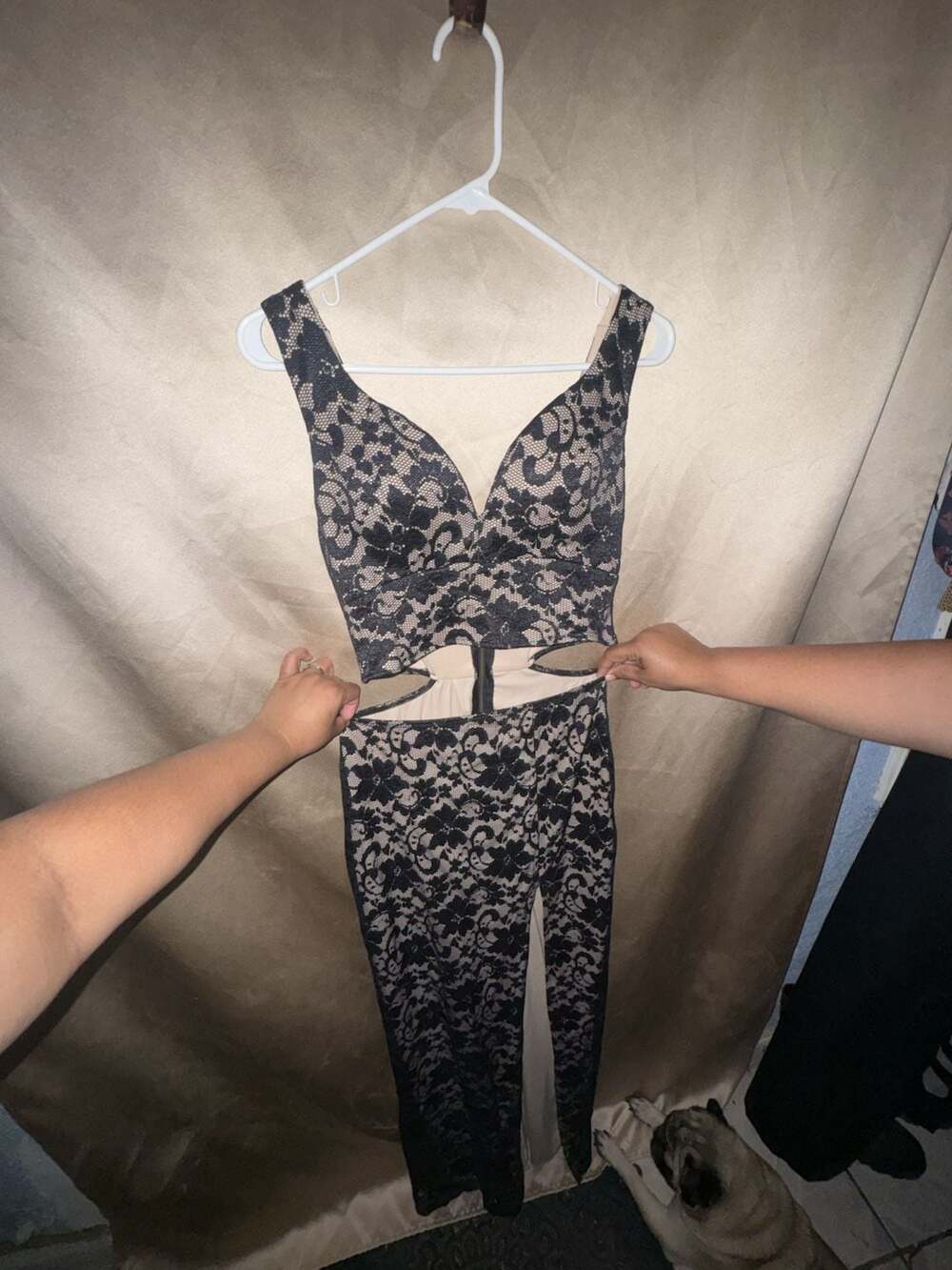 Emerald Sundae Black Lace Over Nude Bodycon Midi Dress with Cutouts and Slit